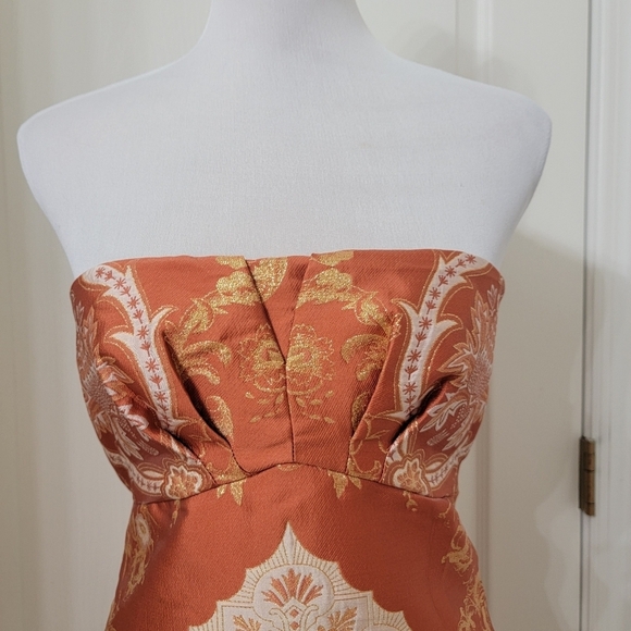 Free People Size 6 Orange-Copper, Gold & Cream Damask Strapless Mini Dress - Picture 2 of 13